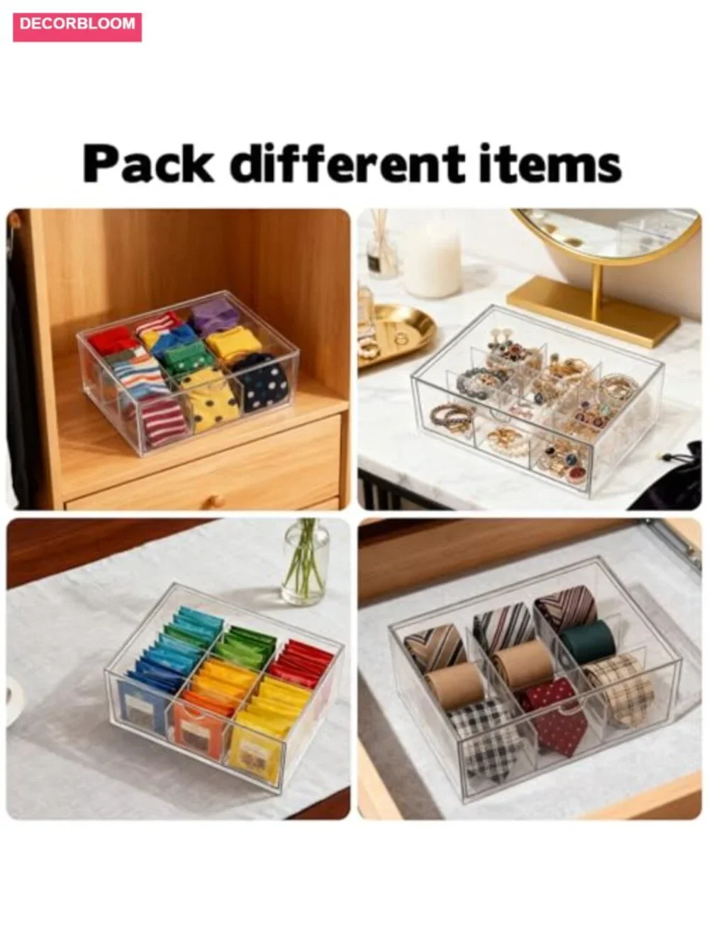 Clear Acrylic Tea Bag Organizer with 9 Compartments Stackable Drawer Storage Box